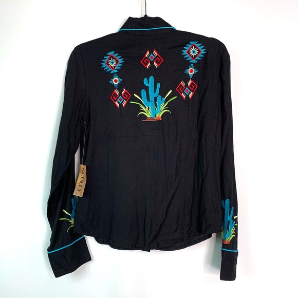 Scully Women Cactus Embroidered Pearl Snap Western Shirt Sz S Black Long Sleeve - Picture 8 of 12